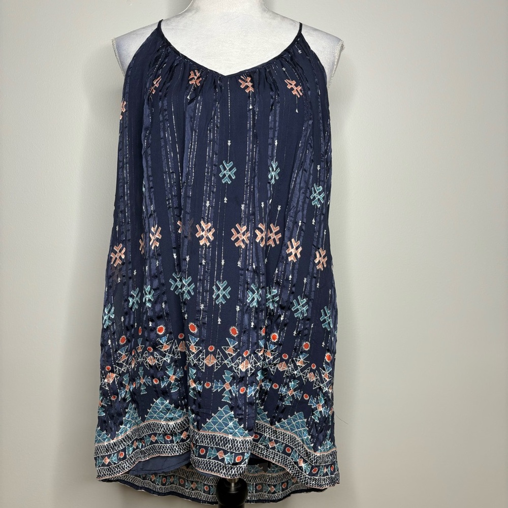 Joie blue silk geometric halter style high low top - size small